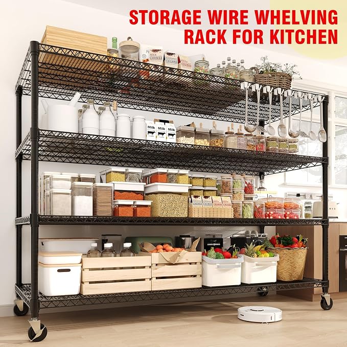 4-Tiers Storage Shelves 59" W Heavy Duty Garage Shelving Units with Adjustable Shelf and Wheels, 2640LBS Capactiy Wire Shelving Rack for Garage Pantry Kitchen Industrial - Image 7
