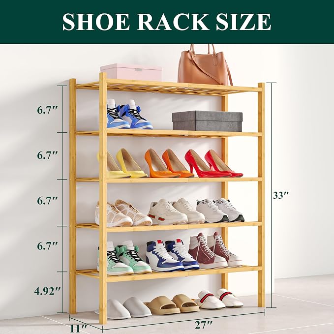Smiry Shoe Rack, 5 Tier Bamboo Shoe Organizer, Stackable Free Standing Wooden Shoe Storage Shelf for Closet, Entryway, Front Door Entrance, Natural - Image 2