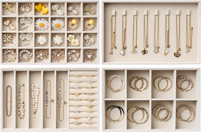 Velvet Jewelry Drawer Organizer Trays – Large Beige Stackable Jewelry Storage Inserts Set, 4-Layer Jewelry Tray Set for Earrings, Rings, Necklaces, Bracelets with Removable Dividers for Dresser,Vanity by pickpiff