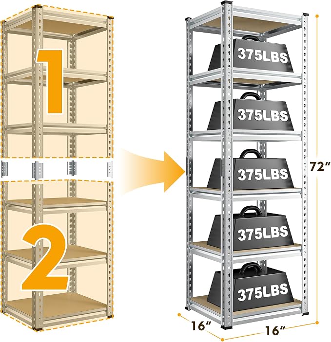 REIBII Storage Shelves 6 Tier Garage Shelving Heavy Duty Metal Shelving Loads 2250LBS Adjustable Garage Shelves for Pantry Closet Kitchen Basement 16" W x 16" D x 72" H, Silver - Image 3