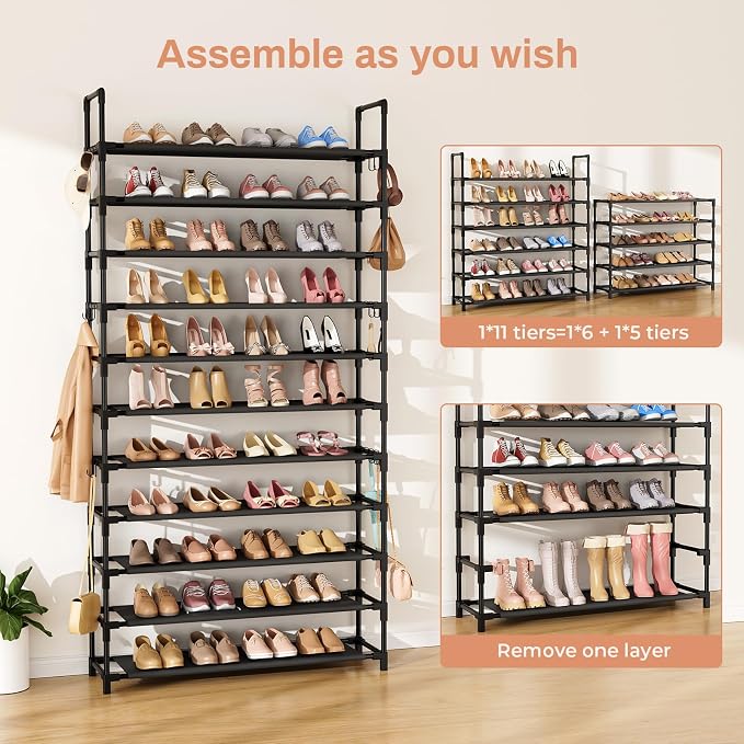 LANTEFUL 11 Tiers Tall Shoe Rack Holds 55 Pairs of Shoes with 18pcs Hooks Sturdy Wide Shoe Organizer Storage Free Standing Metal Shoe Shelf for Closet, Entryway Black - Image 5