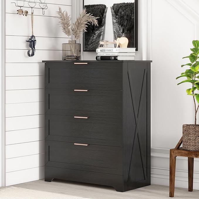 FTZxHKLX Modern 4 Drawer Dresser for Bedroom, Tall Bedroom Dresser with Large Drawer & Rose Gold Handles, Wooden Storage Organizer Cabinet Chest of Drawer for Closet, Living Room, Hallway, Black