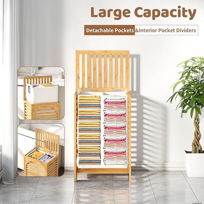 FILWH Laundry Hamper with Lid (16.9 * 13 * 26.5inches) Large Bamboo Laundry Bin Basket 85L Clothes Hamper with 1 Removable Bag Storage baskets for Bathroom(Natural) - Image 5