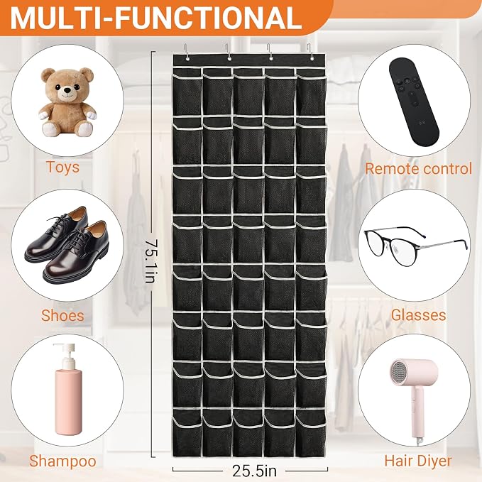 40-Pocket Over the Door Shoe Organizer - Large Mesh Pocket Hanging Shoe Organizer,Behind the Door Shoes Storage Holder Hanger (Black-W) - Image 3