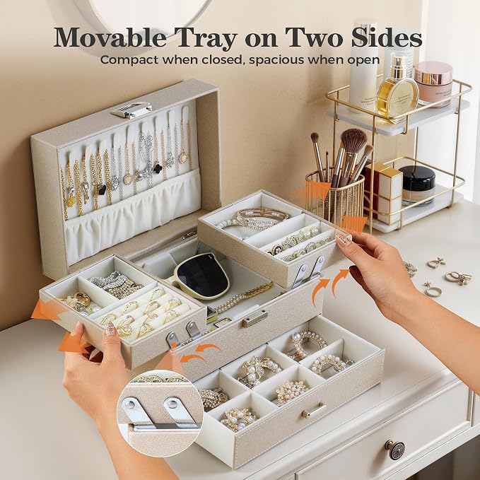 Dajasan Jewelry Organizer Box, Large Jewelry Boxes for Women Girls, Space-Saving 3 Layers Jewelry Storage Case with Drawer, Movable Metal Stand, Modern, Gift Idea (Champagne) - Image 2