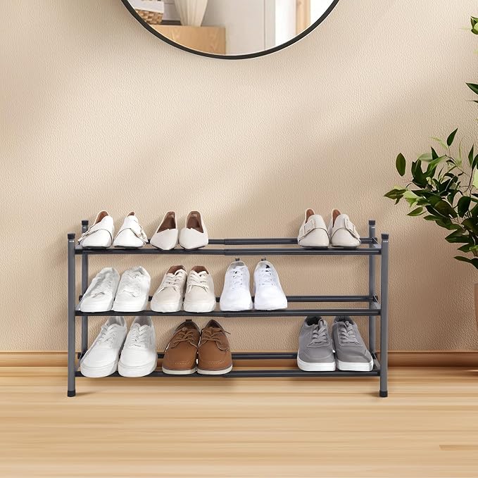 STORAGE MANIAC Expandable Shoe Rack, 12 Pairs Stackable Small Shoe Rack, Metal Adjustable Shoes Organizer for Closet, Entryway, Hallway, Garage, Front Door, Shoes Shelves, Black 3 Tier - Image 2
