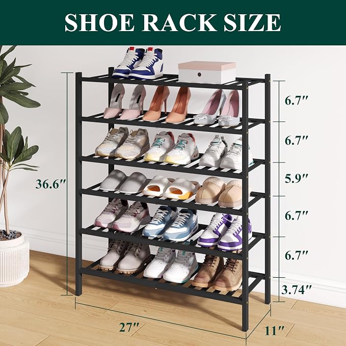 Smiry Bamboo Shoe Rack for Closet, 6 Tier Wooden Stackable Shoe Organizer, Free Standing Shoes Storage Shelf for Entryway, Front Door Entrance, Black - Image 2