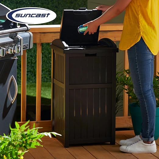Suncast 3 Pack 33 Gallon Durable Plastic Hideaway Outdoor Garbage Can with Secure Lid & Wicker Design for Home Backyards, Decks, or Patios, Java Brown - Image 6