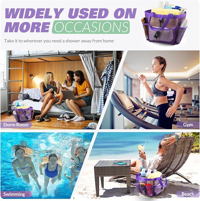 LOYEE Mesh Shower Caddy Portable for College Dorm Room Essentials with 8 Pockets, Shower Bag for Beach, Swimming, Gym, Travel, Bathroom(All purple) - Image 7