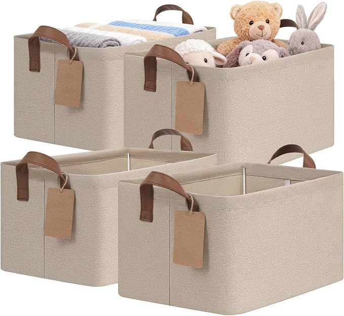 CHICVITA 4 Pack Storage Baskets for Shelves, Foldable Closet Organizer Bins with Handles, Toy Storage Basket for Nursery Living Room, 14.8" x 10.3" x 8.3", Brown by CHICVITA