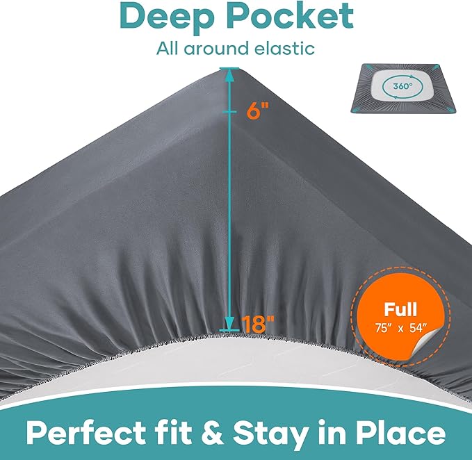 OhGeni 100% Waterproof Mattress Protector, Full Grey Size, Fitted Sheet with Deep Pockets, 6''-18'', Premium Noiseless Breathable Soft Material, Mattresses Cover for Bed