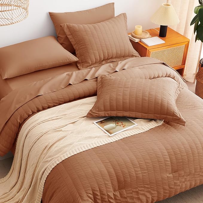 CozyLux Queen Comforter Set Pumpkin Seersucker 7 Pieces Bed in a Bag Queen Comforter Set with Sheets, Luxury Bedding Sets with Down Alternative Comforter, Sheets, Pillowcases & Shams All Seasons