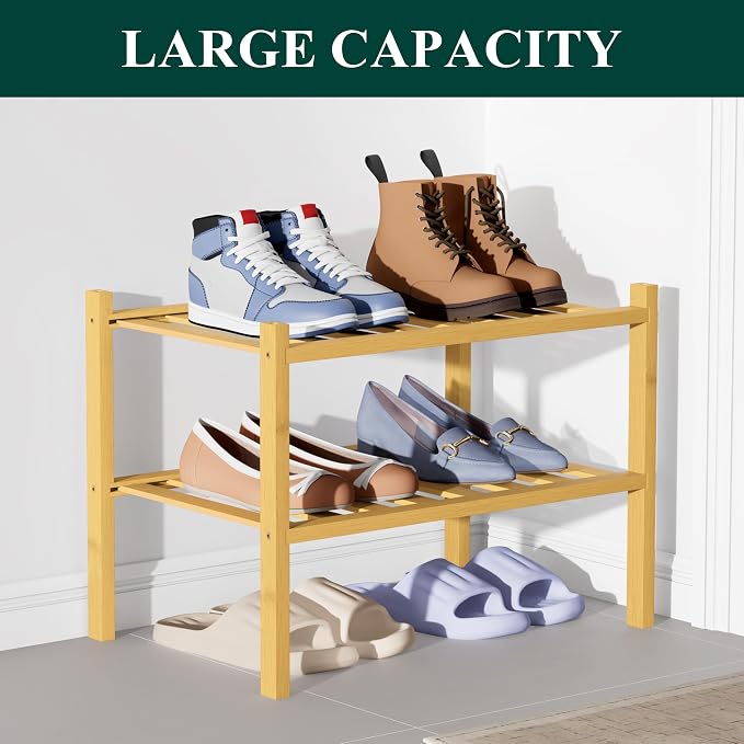 Smiry Bamboo Shoe Rack for Closet, 2 Tier Small Wooden Stackable Shoe Organizer, Free Standing Shoes Storage Shelf for Entryway, Front Door Entrance, Natural - Image 5