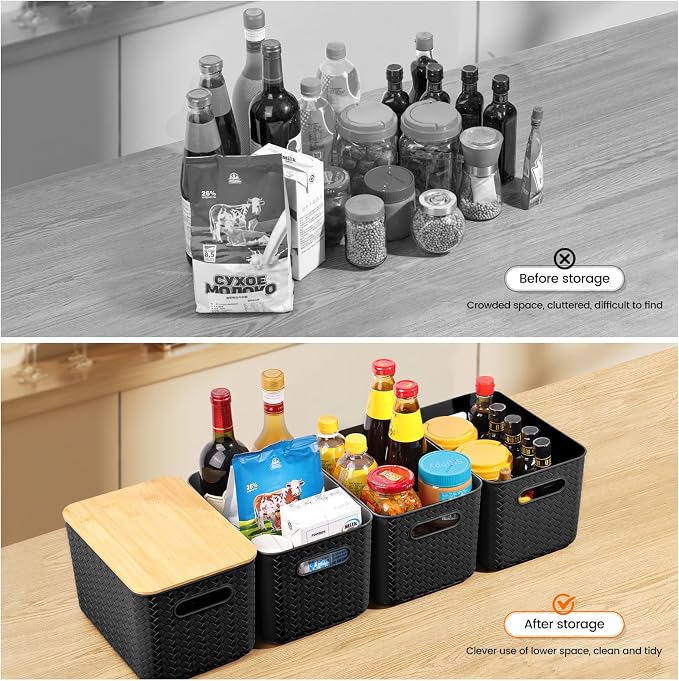 Ohmlove 4 Packs Storage Bins with Bamboo Lids - Plastic Storage Containers with Lids Stackable Storage Box: Storages Baskets for Organizing Desktop Closet Playroom Classroom Office, Black - Image 4