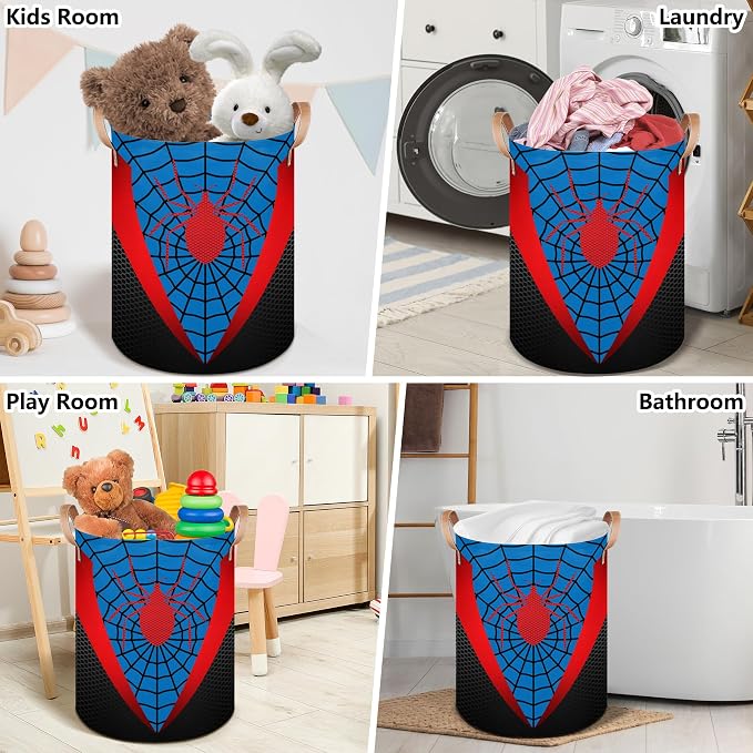 Blue Spider Web Large Laundry Hamper Basket, Round Collapsible Storage Organizer Bin for Kids, Boys, Nursery, Closet, Bedroom, Playroom, Toys, Dirty Clothes, 16"W x 20"H - Image 5