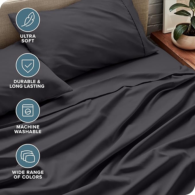 Bare Home Split Head Flex King Sheet Set - 1800 Ultra-Soft Microfiber Bed Sheets - Double Brushed - Deep Pockets - Easy Fit - 4 Piece Set - Bedding Sheets & Pillowcases (Forged Iron Grey)