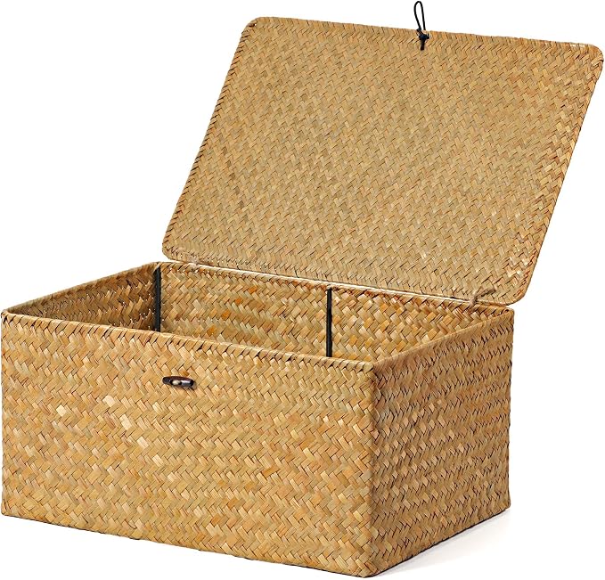 Nonam Seagrass Storage Large Basket with Lid,Wicker Basket Storage Bin with Lid for Shelves,Boho Decor,Handwoven Shelf Basket for Organizing-Storage Container Box for Home Organization-Natural by Unknown