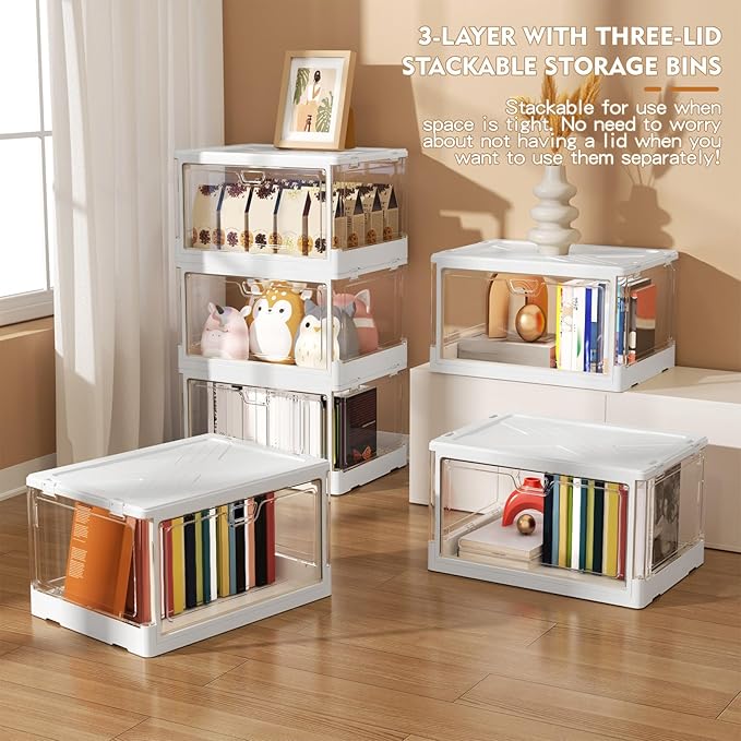 Kmiectse Clear Storage Bin with Lid 3 Pack 【Stackable & Sturdy】 Plastic Multifunctional Folding Storage Bins for Bedroom, Living Room, Study,Room, 23 QT Folding Box with Magnetic Door - Image 3