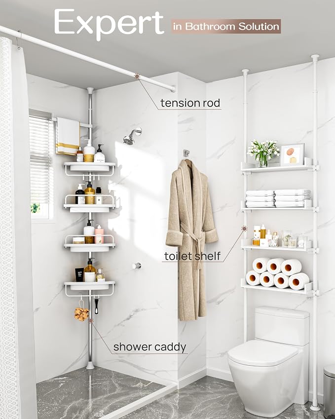 ALLZONE Corner Shower Caddy Tension Pole, Extendable Rustproof Stainless Steel Pole & 4-Tier Adjustable Shelves for Easy Drainage and Built-to-Last Stability, 34 to 116 Inches, White - Image 3