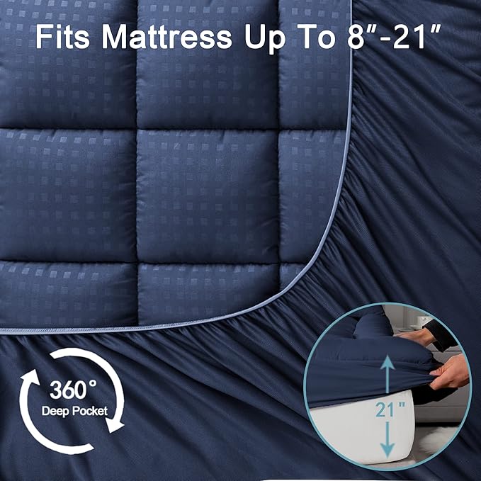 HYLEORY Full Mattress Pad Quilted Fitted Mattress Protector Cooling Pillow Top Mattress Cover Breathable Fluffy Soft Mattress Topper with 8-21" Deep Pocket, Navy