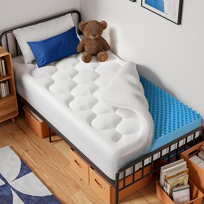 OhGeni Cooling 5 Inch Twin Size Dual Layer Mattress Topper, 3 Inch Egg Crate Gel Memory Foam, 2 Inch Soft Pillow Top Pad, Bedroom Cover for Kid Mattresses, Extra Comfortable Sleep and Back Pain Relief