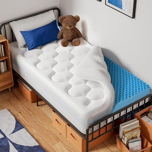 OhGeni Cooling 5 Inch Twin Size Dual Layer Mattress Topper, 3 Inch Egg Crate Gel Memory Foam, 2 Inch Soft Pillow Top Pad, Bedroom Cover for Kid Mattresses, Extra Comfortable Sleep and Back Pain Relief