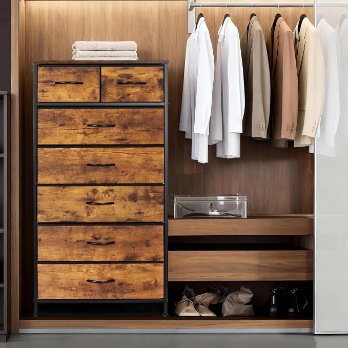 Mifuro Tall Dresser for Bedroom, Vertical Storage Organizer Tower with 7 Drawers, Chest of Drawers with Fabric Bins, Steel Frame, Wood Top for Bedroom, Closet, Entryway- Rustic Brown - Image 4