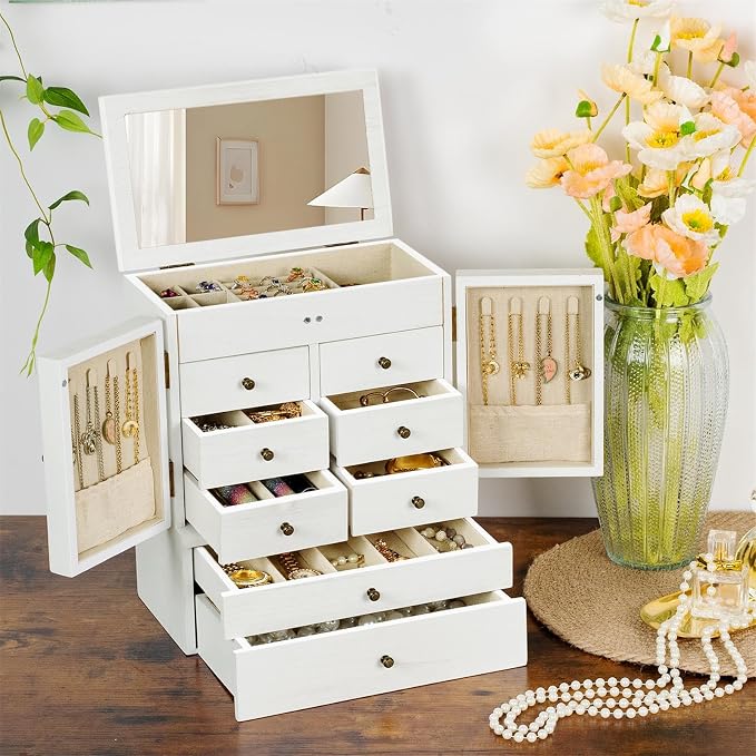 Emfogo Jewelry Box for Women Wooden Jewelry Boxes & Organizers 5-Layer Rustic Large Jewelry Organizer Box with Mirror & 8 Drawers for Rings Earrings Necklaces Bracelets Women Girls Gifts - Image 2