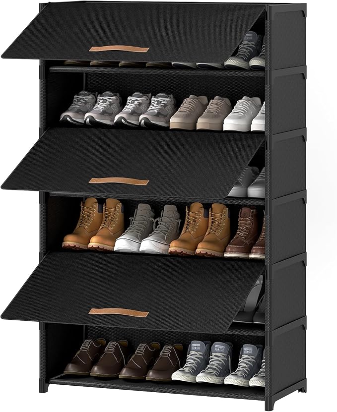 Shoe Rack, 7 Tier Shoe Storage Cabinet with Door 28 Pair Plastic Shoe Shelves Organizer for Closet, Entryway, Hallway, Bedroom, Black by UNITSTAGE