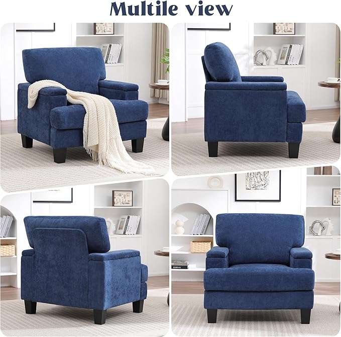 Oversized Accent Chair with Storage Armrest, Modern Upholstered Reading Living Room Chairs, Comfy Large Armchair, Fabric Single Sofa Chair for Bedroom (Navy Blue)