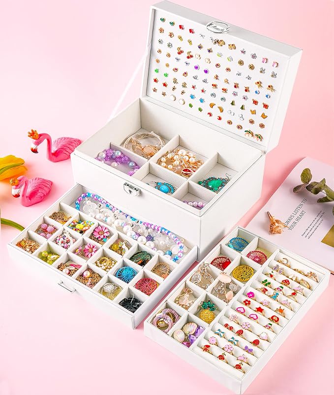 QBestry Earring Jewelry Box for Women Girls Stud Organizers, 5 Layers White Jewelry Organizer Box with Lock Necklaces and Earrings Holder Jewelry Box with Earring Organizer for Women Girls Xmas Gifts - Image 3
