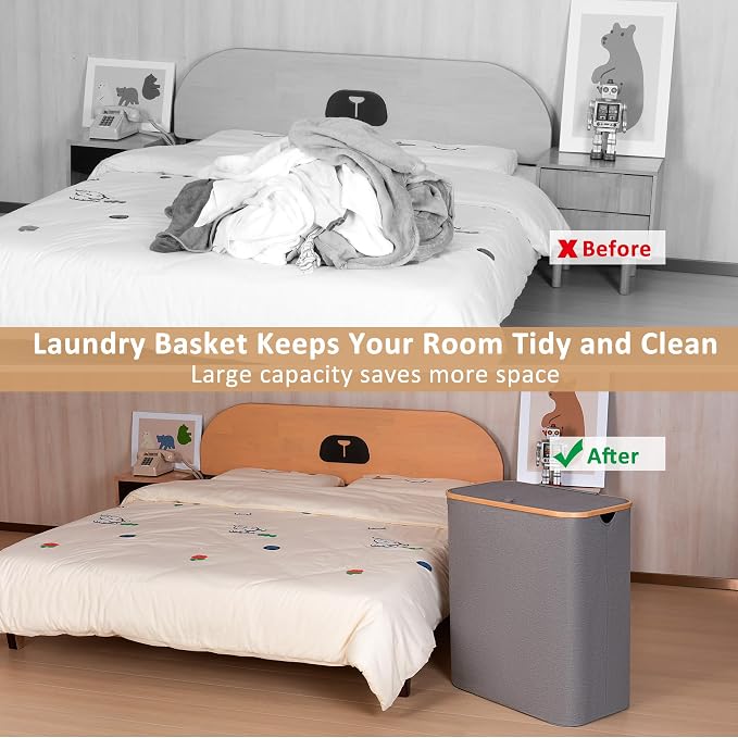 iEGrow Laundry Basket with Lid, 160L Laundry Hamper with Bamboo Handle,Clothes Basket Organizer with Removable Inner Bag for Clothes Toys Towels,Light Grey - Image 4