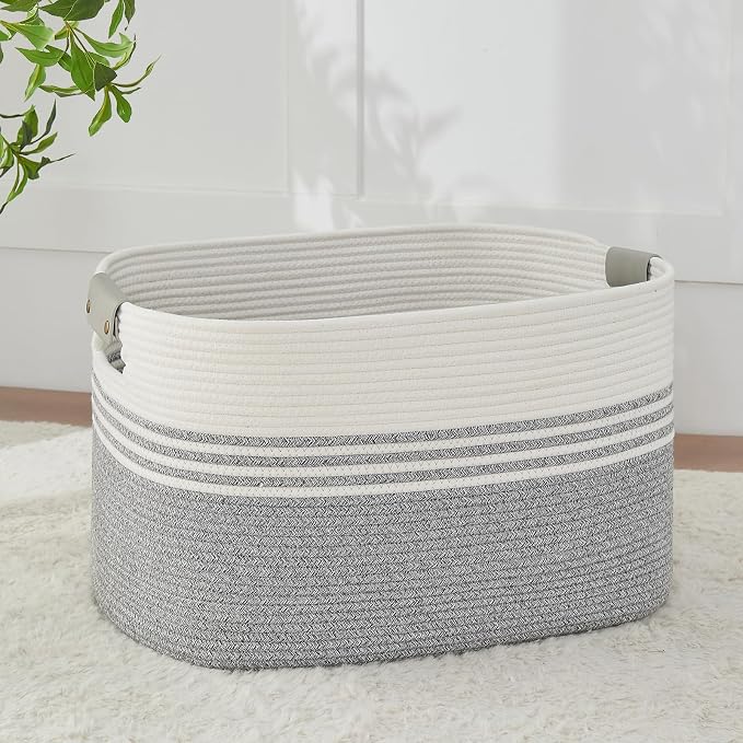 AINUOQI Laundry Basket with Handles - Blanket Basket & Hampers for Bedroom Aesthetic, Laundry Hamper & Blanket Storage for Living Room, Clothes Hamper, Tall, Large 21.7" x 16.9" x 11.8”, Grey by AINUOQI