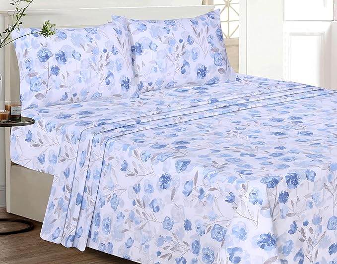 RUVANTI 100% Cotton Sheets – King Size Percale Bedding, Cooling & Breathable Floral Design, Durable with a Crisp, Soft & Comfortable Feel, 16" Deep Pocket, 4-Piece Set, Monotones
