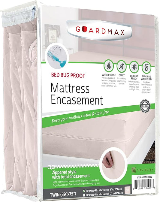 Guardmax Jersey Knitted Twin Zippered Mattress Encasement - Waterproof & Bed Bug Proof Mattress Protector - Comfortable, Soft, and Noiseless Zippered Bedding - Dust Mite Proof (39 x 75 x 10)