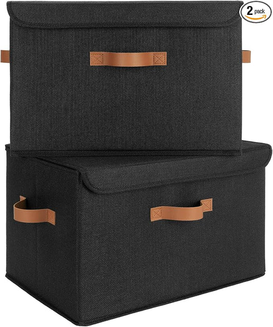 GRANNY SAYS Black Storage Bins with Lids, Decorative Storage Boxes with PU Handles, Linen Closet Organizer, Storage Baskets for Shelves, Fabric Storage Bins for Clothes, Extra Large by GRANNYSAYS
