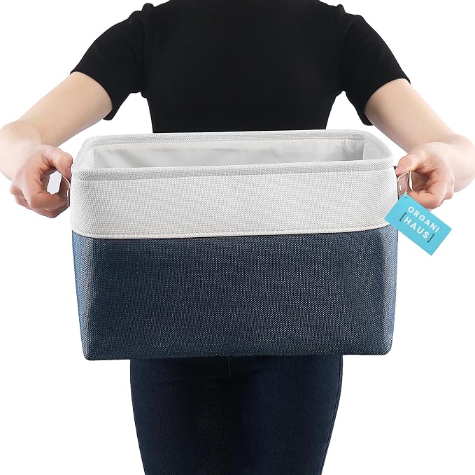 OrganiHaus Large Fabric Storage Baskets for Shelves 3 Pack, 15x11in Closet Storage Bins, Canvas Storage Bin for Organizing, Cloth Baskets, Linen Closet Organizers, Navy Blue/Off-White - Image 3