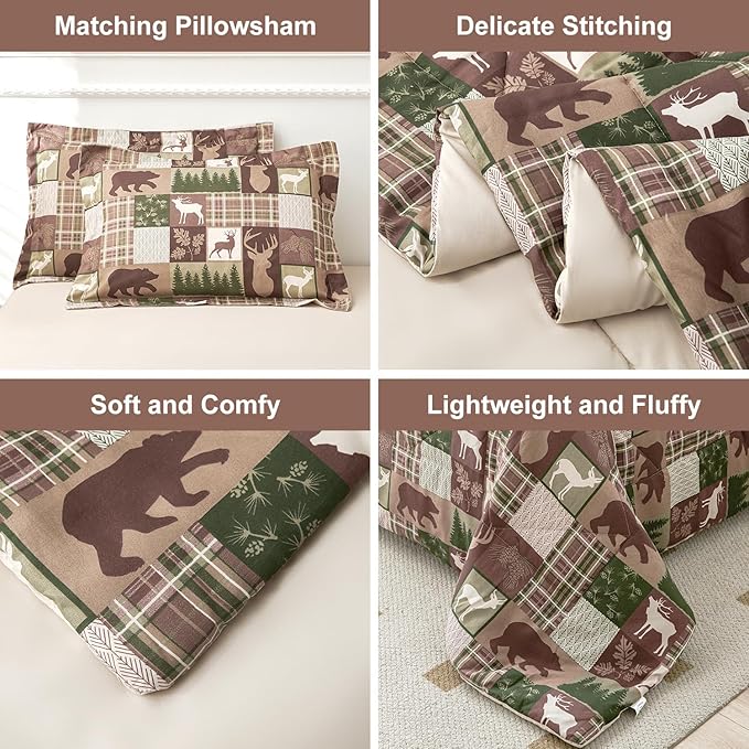 Comforter Set King Size Bear Moose Plaid Comforter Bedding-7 Piece Bed in a Bag,Soft Reversible Patchwork Microfiber Bedding Set (1 Comforter,1 Flat Sheet,1 Fitted Sheet,2 Pillowcases,2 Pillow Shams)