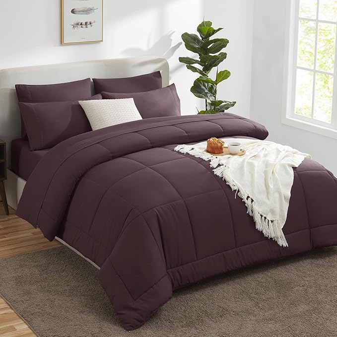 CozyLux King Size Comforter Set Cocoa Powder, 7 Pieces Bed in a Bag, Brown Comforter King Size, All Season Bedding Sets with Stitch Quilted Comforter, Flat Sheet, Fitted Sheet, Pillowcases