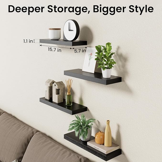 BAYKA Floating Shelves for Wall, 15.7in Wall Mounted Rustic Wood Shelves for Bathroom, Bedroom, Living Room, Kitchen, Hanging Shelf for Books/Storage/Room Decor with 22lbs Capacity (Black, Set of 4) - Image 8