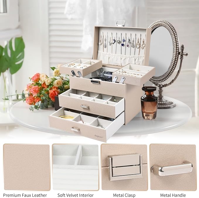 Dajasan Jewelry Organizer Box, Large Jewelry Boxes for Women Girls, Space-Saving 4 Layers Jewelry Storage Case with Drawer, Movable Metal Stand, Modern, Gift Idea (Champagne + Silver) - Image 6