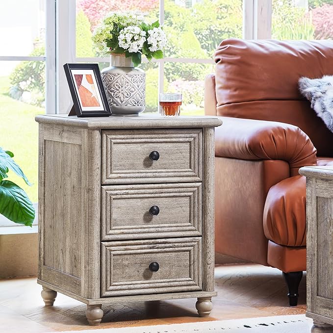 RWYHG 18" Farmhouse Night Stand, Wood Nightstand with 3 Drawers, Grey Bedside End Table with Storage and Roman Column, Bed Side Tables Cabinet for Bedroom, Living Room, and Closet