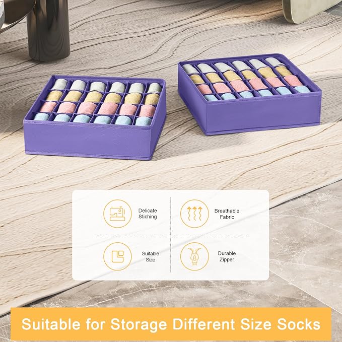 Joyoldelf Sock Drawer Organizer Divider 2 Packs Underwear Organizer, 24 Cell Closet Organizers and Storage Organizer Sock Holders Organizers for Storing Socks, Handkerchiefs, Ties, Belts (Purple) - Image 6