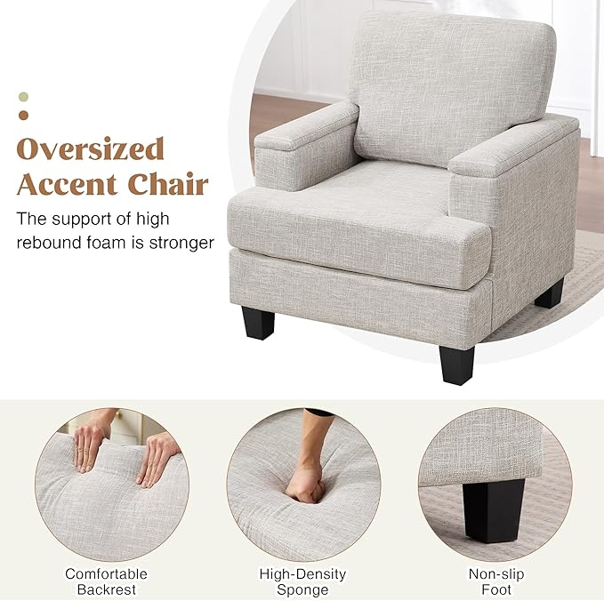 Accent Chairs Set of 2 with Armrest Storage, Modern Upholstered Reading Living Room Chair, Comfy Large Armchairs, Fabric Single Sofa Chair for Bedroom (Beige)