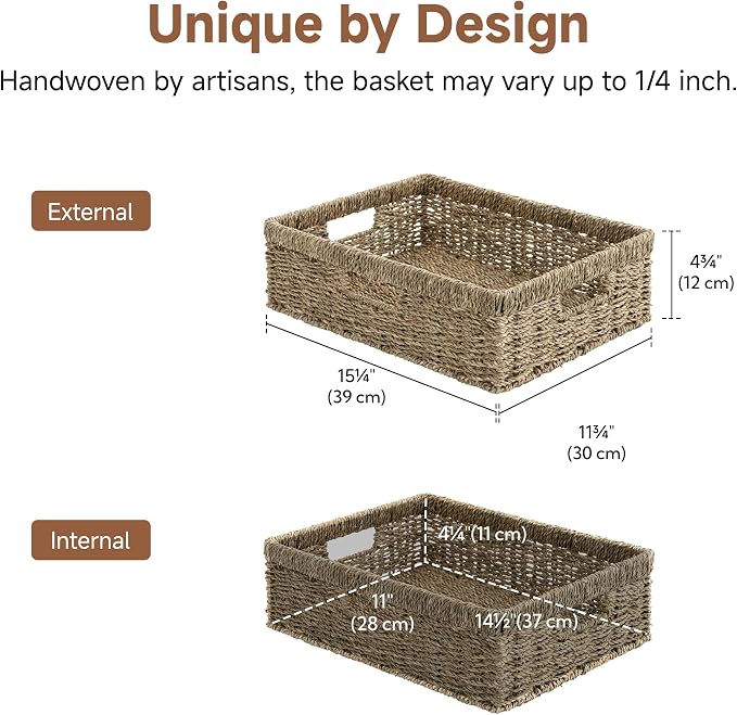 StorageWorks Pantry Baskets, Wicker Storage Baskets for Organizing, Shelves, Pantry Organizers and Storage, Seagrass, 15½"L x 11¾"W x 4 ¾"H - Image 2