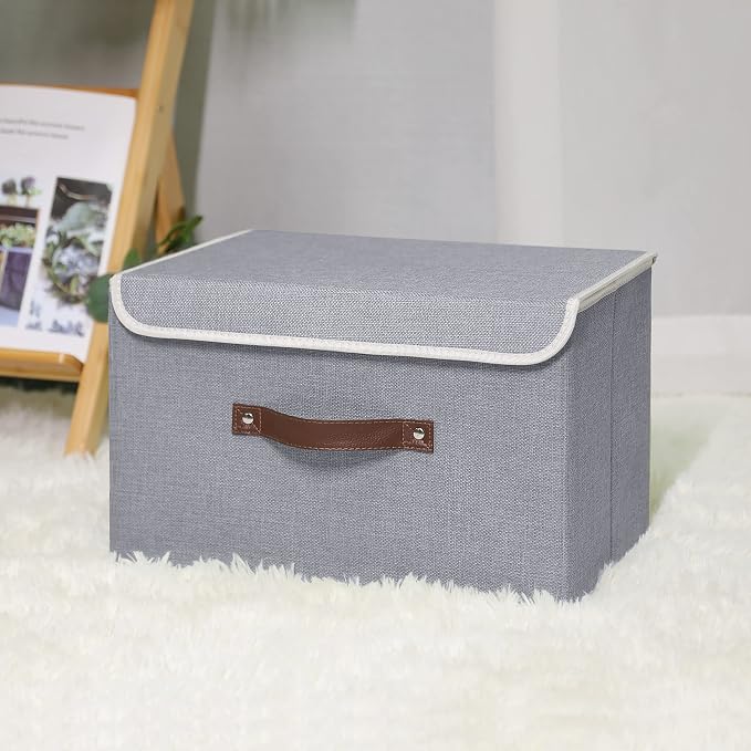 ANMINY 4PCS Storage Bins with Lid PU Leather Handles Storage Boxes PP Plastic Board Decorative Foldable Lidded Cotton Linen Fabric Home Cubes Baskets Closet Organizer Containers - Gray, Large Size - Image 6