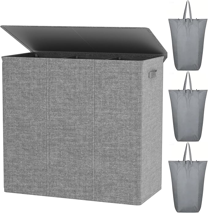 WOWLIVE 180L Laundry Hamper with Lid 3 Section,Large Laundry Basket with Removable Bags and Handles,Collapsible Dirty Clothes Hampers for Laundry,Laundry Basket Organizer for Laundry Room,Dorm,Grey by WOWLIVE