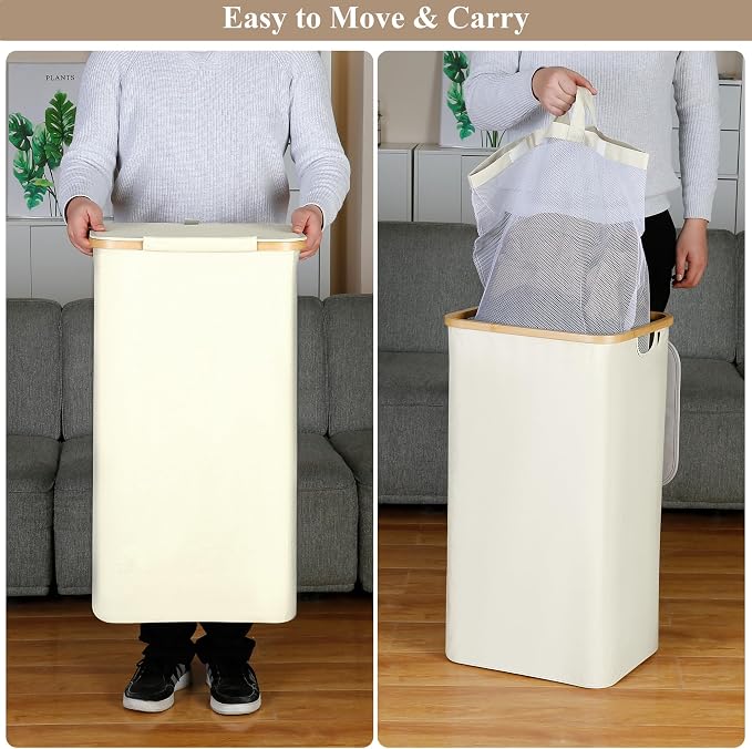 iEGrow Laundry Basket with Lid, 110L Large Laundry Hamper with Handle and Lid, Collapsible Clothes Basket Organizer with Removable Inner Bag for Clothes Toys Towels - Beige - Image 2