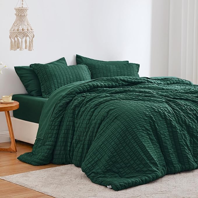 Love's cabin Seersucker Dark Green Full Comforter Set, 7-Piece All Season Lightweight Bed in a Bag Bedding Set with Comforter, Flat Sheet, Fitted Sheet, Pillowcases and Shams | Soft, Breathable, Lightweight