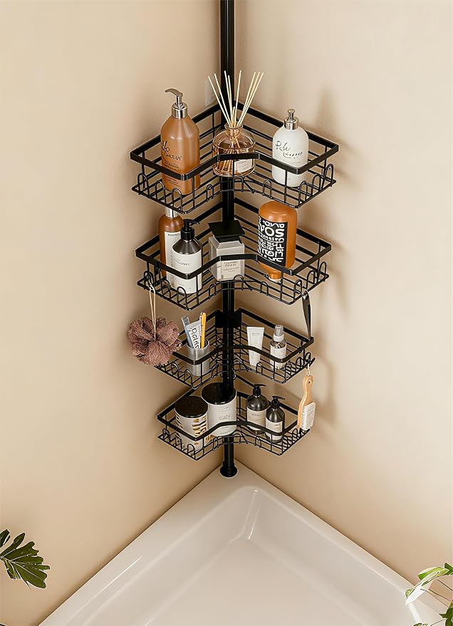 Corner Shower Caddy Tension Pole - 4-Tier Shower Corner Shelf for Bathtub Bathroom Shower Organizer - Adjustable 34in-120in, Space Saving Bathtub Accessory Shelves, Black - Image 2